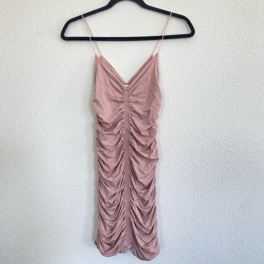 Aritzia Wilfred Free Ruched Bodycon Spaghetti Strap Mini Dress Pink V-Neck XS